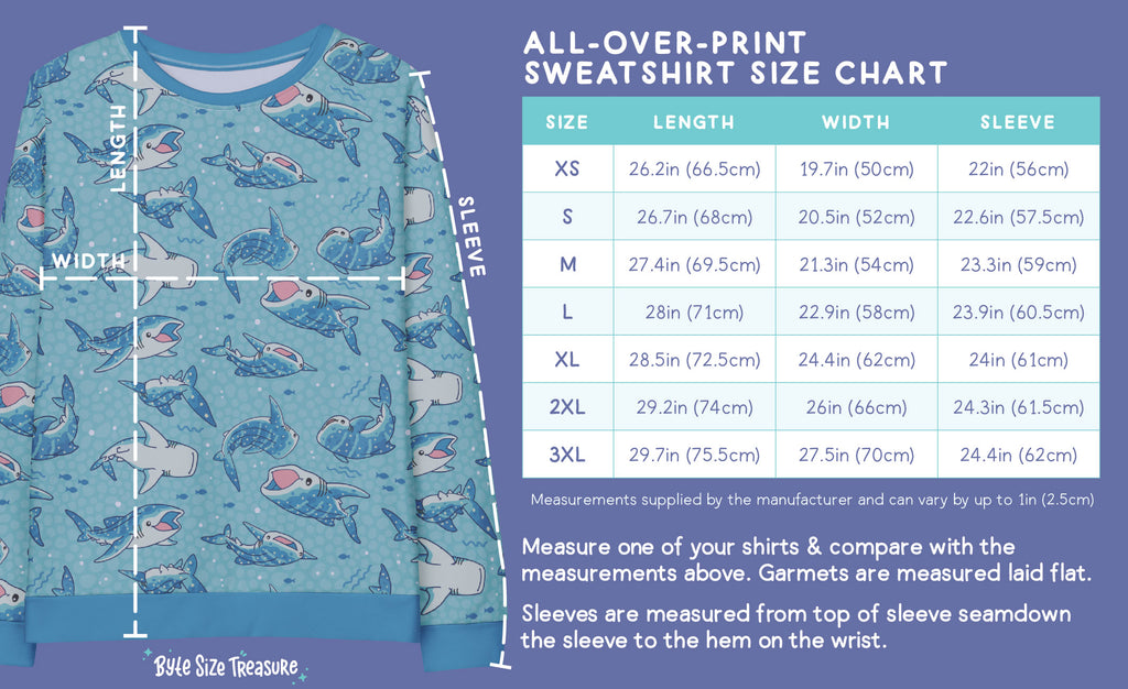 Size Chart for All Over Print Sweatshirts