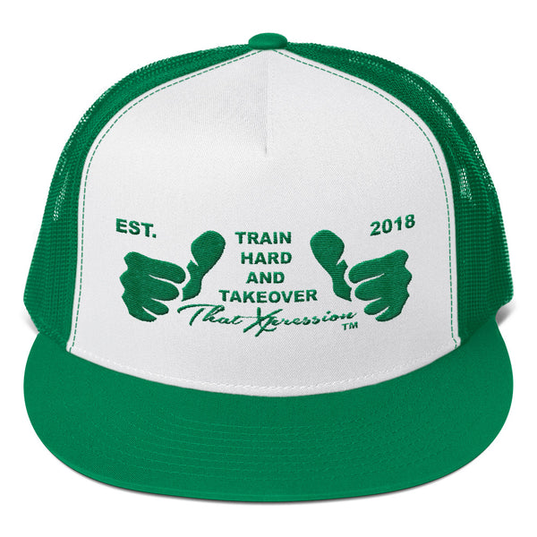 Train Hard And Takeover Gym Fitness Motivational Grn Logo Trucker