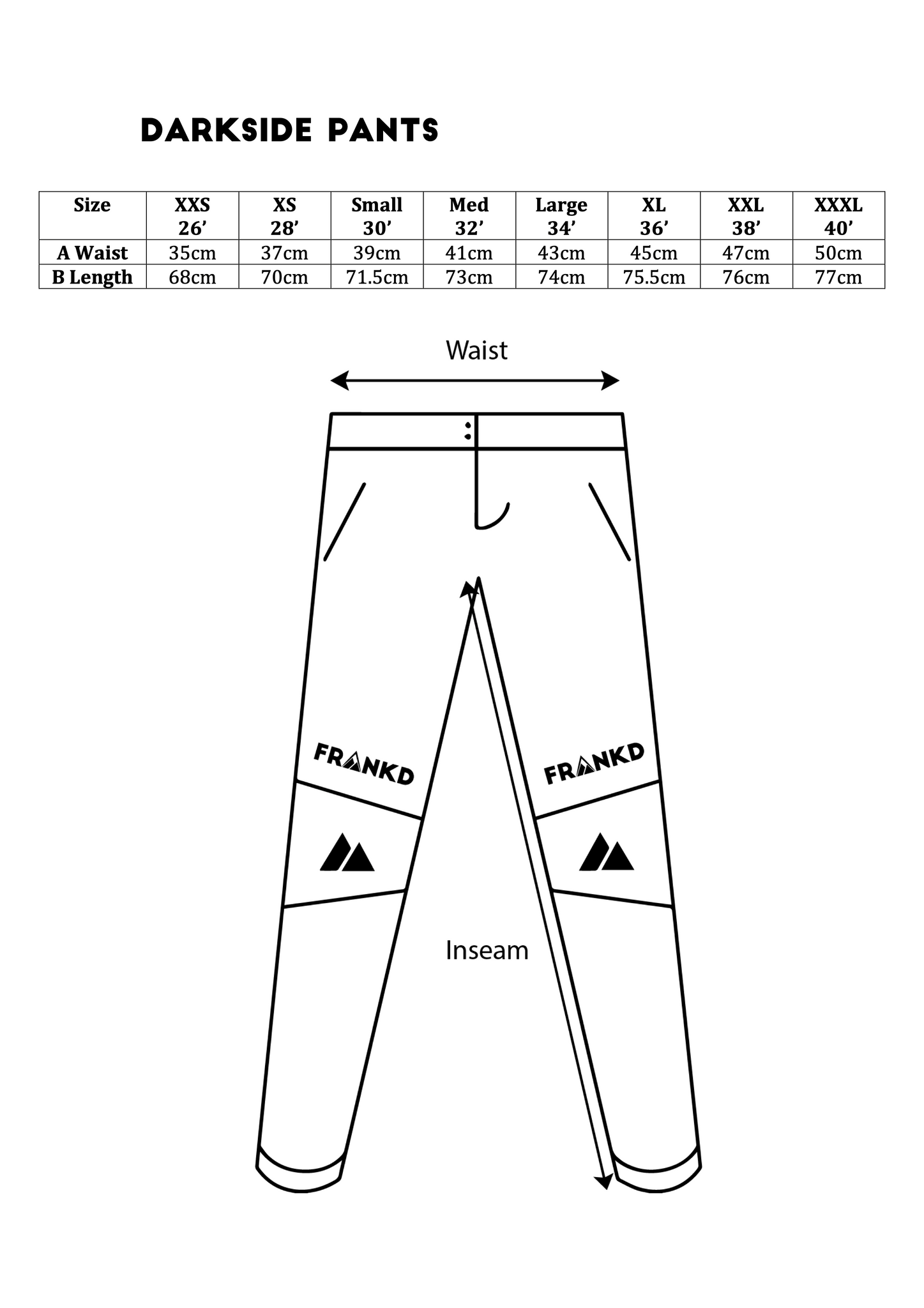 Darkside pants size chart