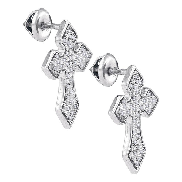 Sterling Silver Mens Round Diamond Flared Cross Crucifix Stud Earrings 1/5 Cttw