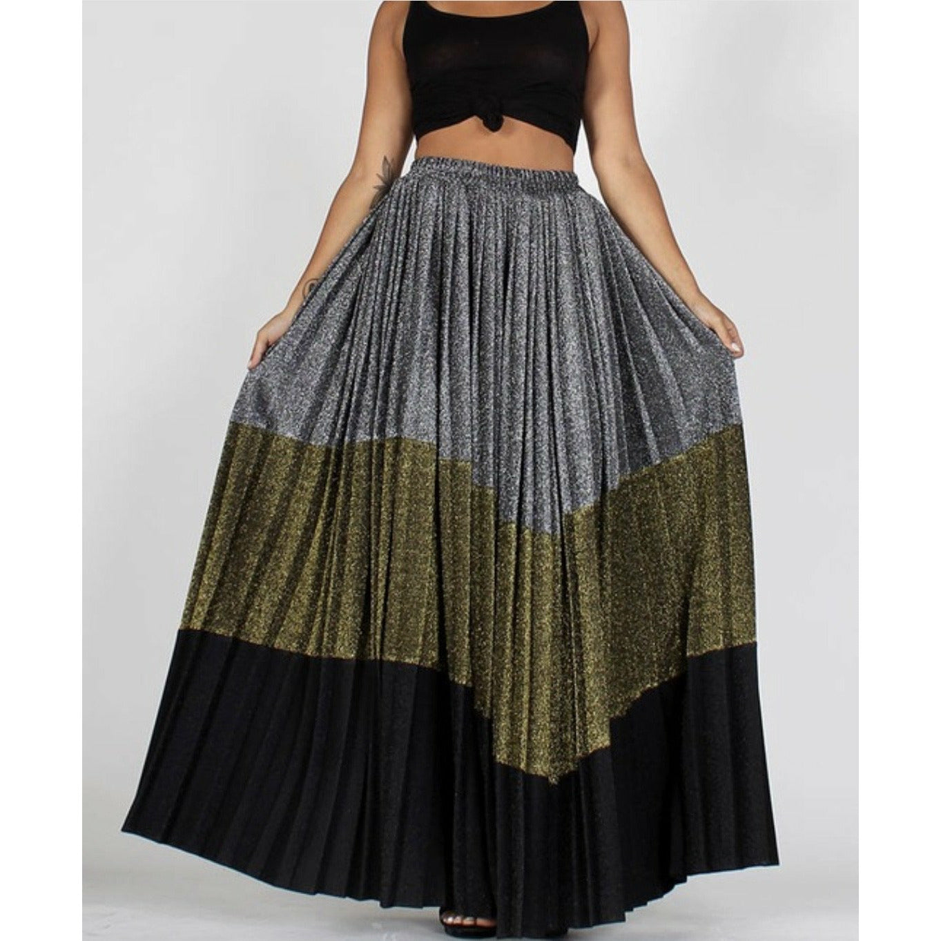 metallic pleated maxi skirt