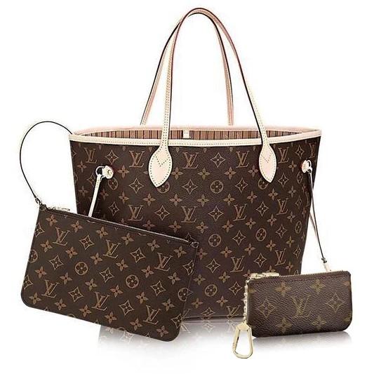 Louis Vuitton LV Women Shopping Leather Tote Handbag Shoulder Bag Wallet Clutch Bag Wristlet Set Two