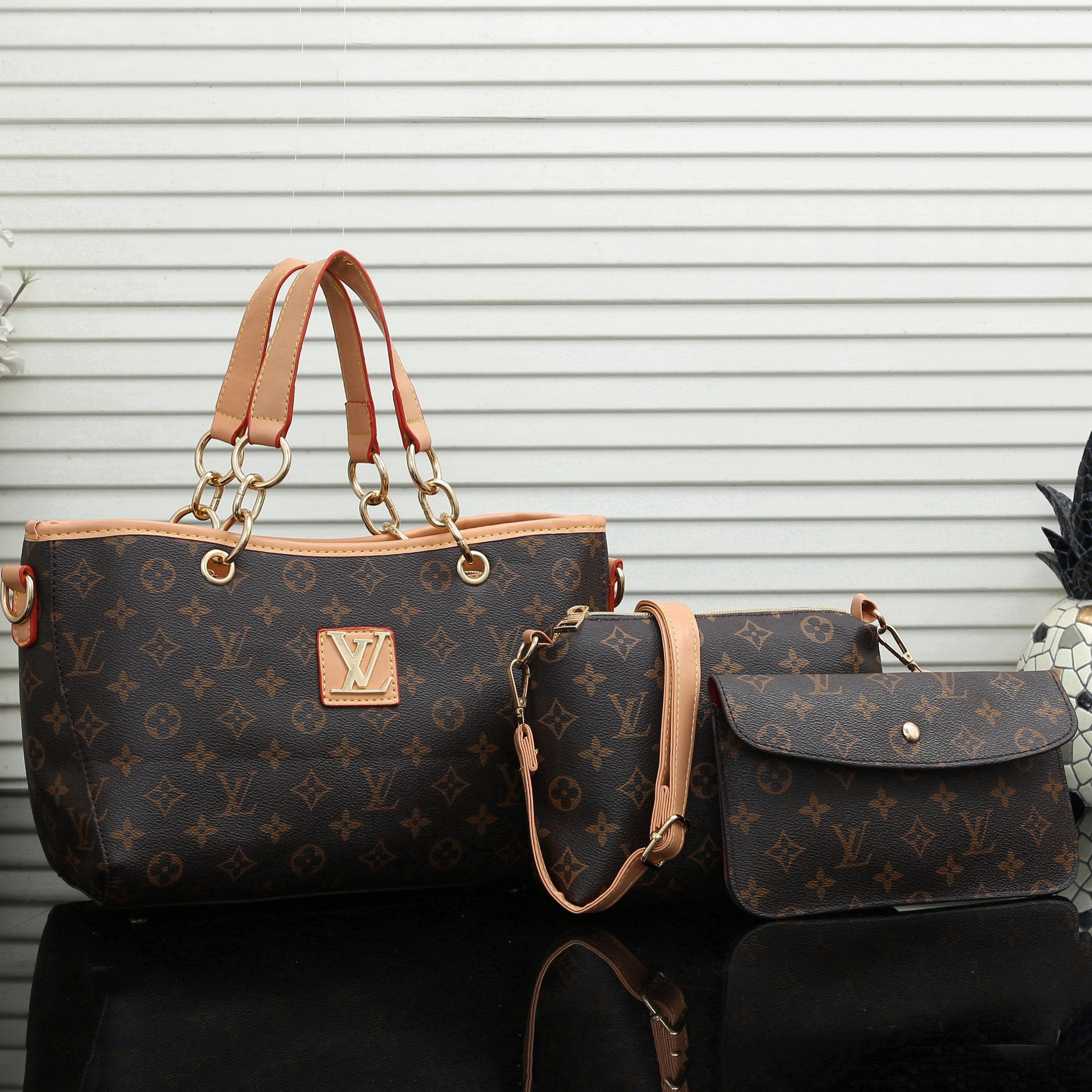 Louis Vuitton LV Fashion Leather Handbag Satchel Tote 3 Piece Set