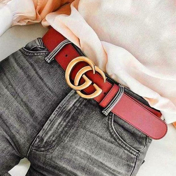 GG Stylish Women Men Personality Smooth Buckle Leather Belt+Gift Box