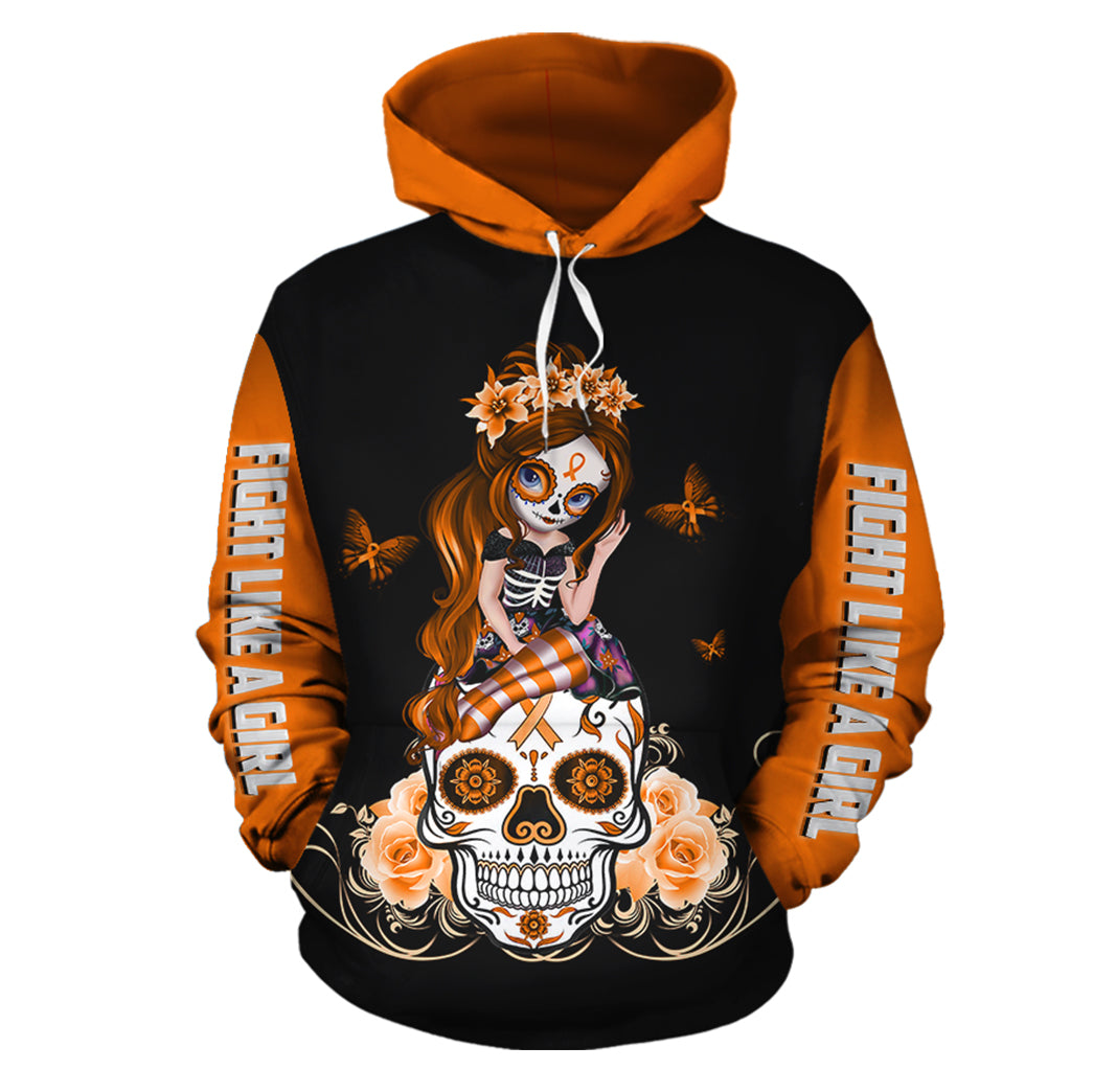 Orange Leukemia Sugar Skull Girl Awareness Zipup Pullover -9648