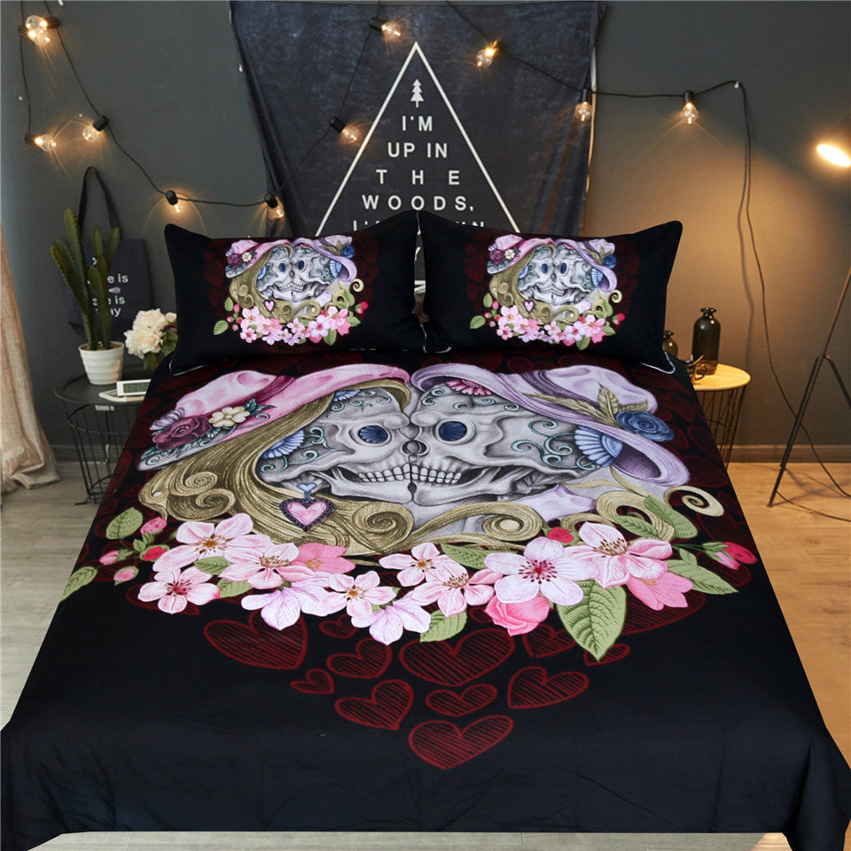 Skull Couples Floral Bedding Set Duvet Cover And Pillowcases