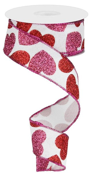 1.5" PINK AND RED GLITTER HEARTS ON WHITE RIBBON (10YDS)
