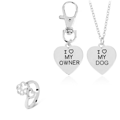 Silver 2pc "I love my dog", "I love my owner" Necklace & Paw Ring Set