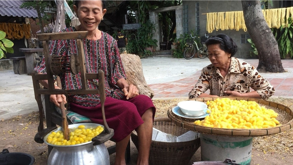 Two Thai ladies boiling silk cocoons for the harvesting of silk