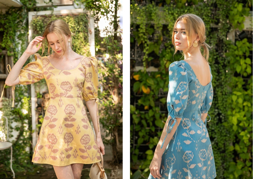 Two images of model wearing the handmade pure silk ikat mini dress in two colours, mellow yellow and sky blue. The dresses are made from handwoven ikat fabric