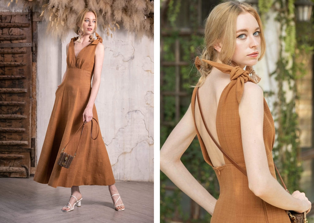 Natural dyed, sustainable cotton, ethical Cherrada Dress in Burnt Sienna