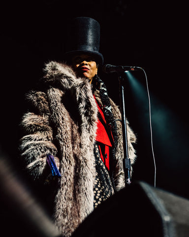 Erykah Badu in Faux Fur coat design collab with Cosmo and Donato- Hope Alvarez photo