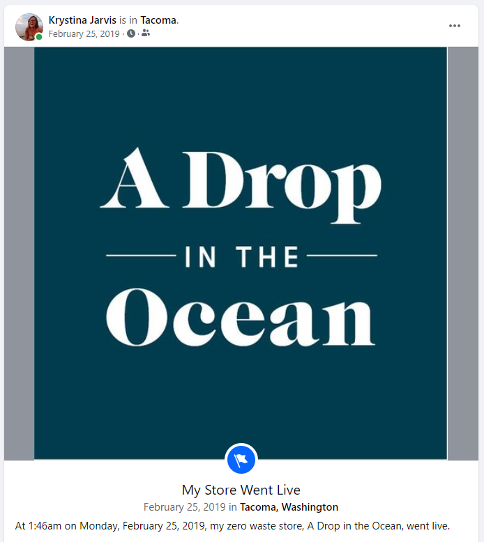 Krystina's Facebook Memory marking when A Drop in the Ocean Shop went live on February 25, 2019