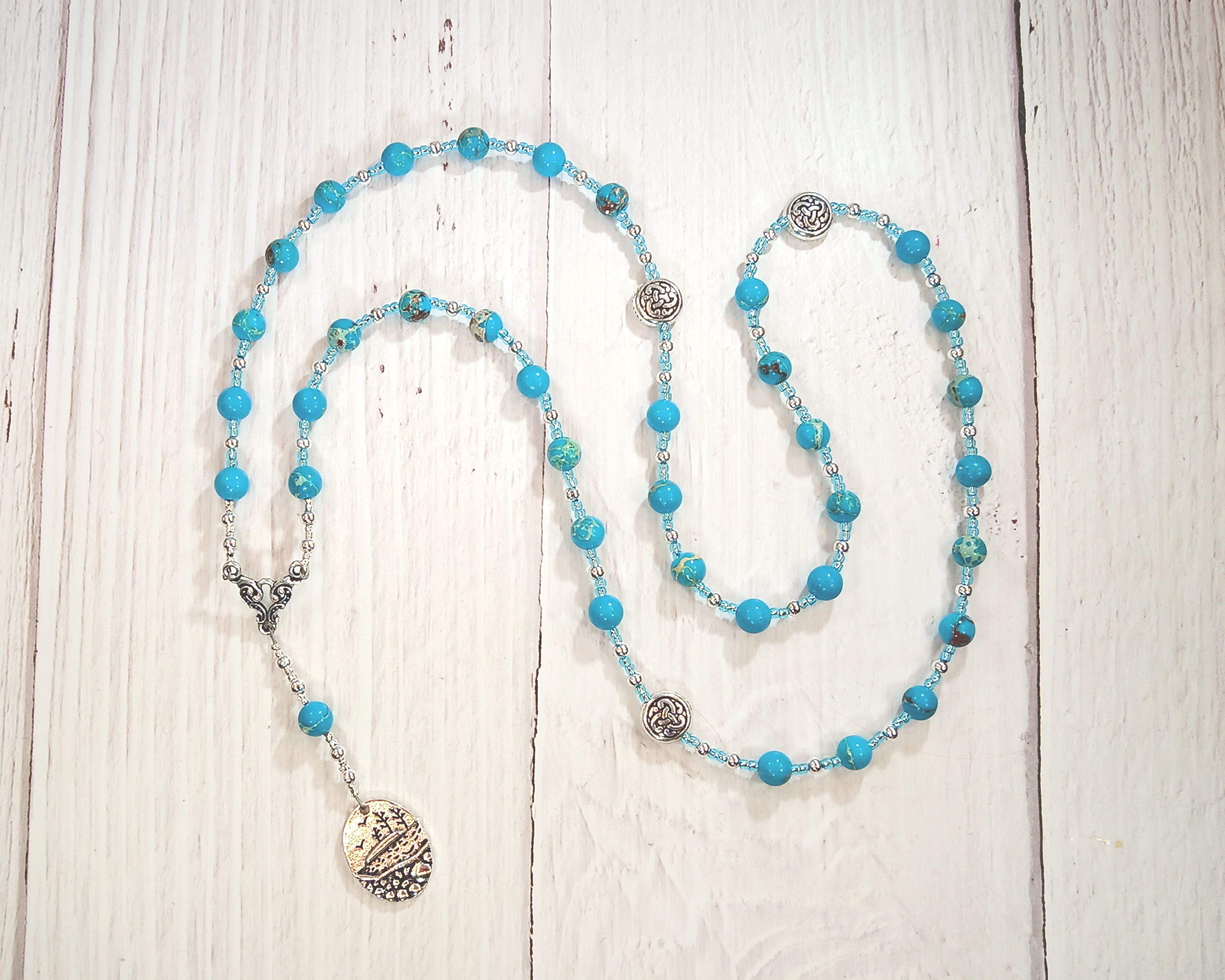 Ancasta Prayer Bead Necklace in Aqua Blue Sea Sediment Jasper: British Celtic River Goddess