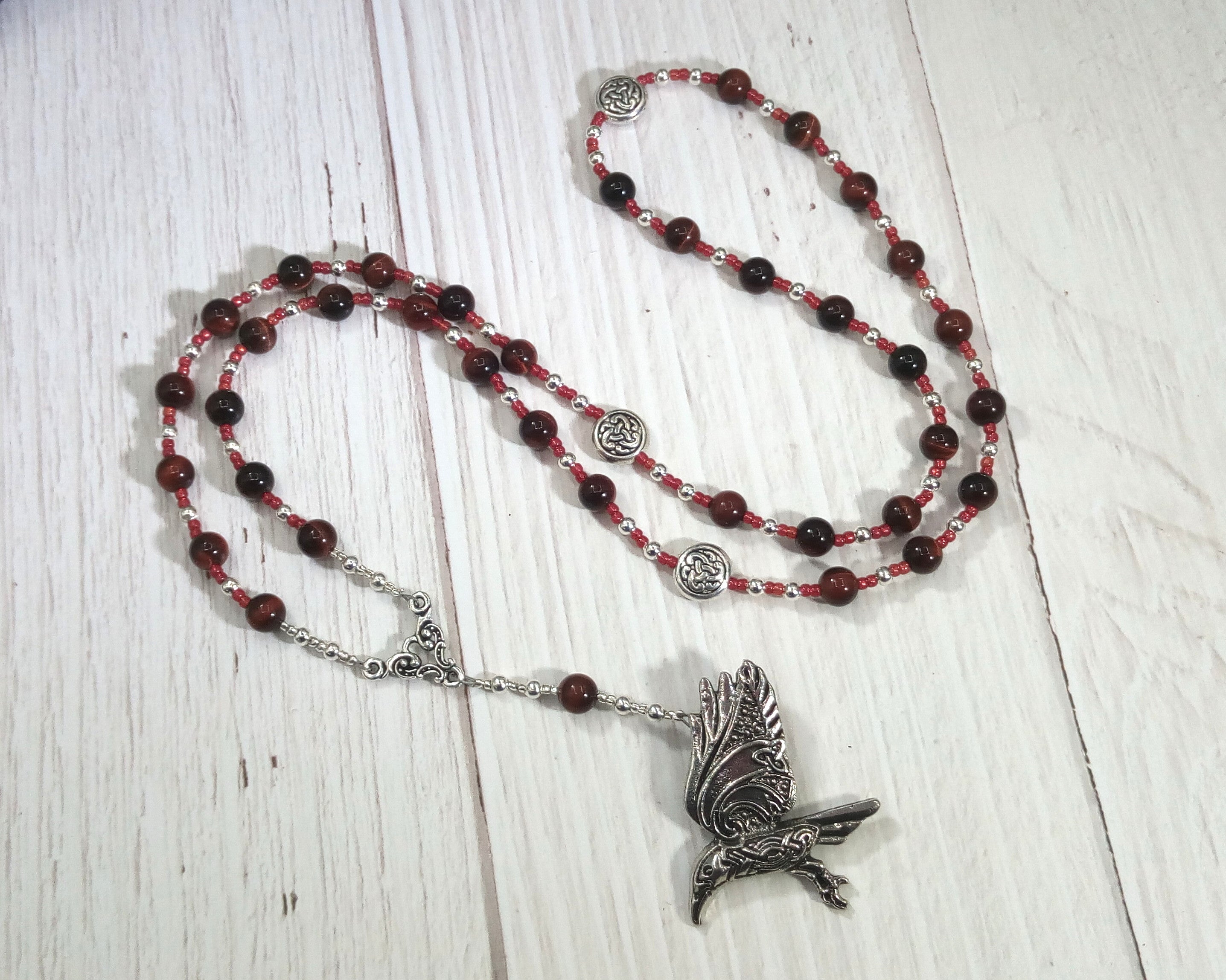 Morrigan Prayer Bead Necklace in Red Tiger Eye: Irish Celtic Goddess