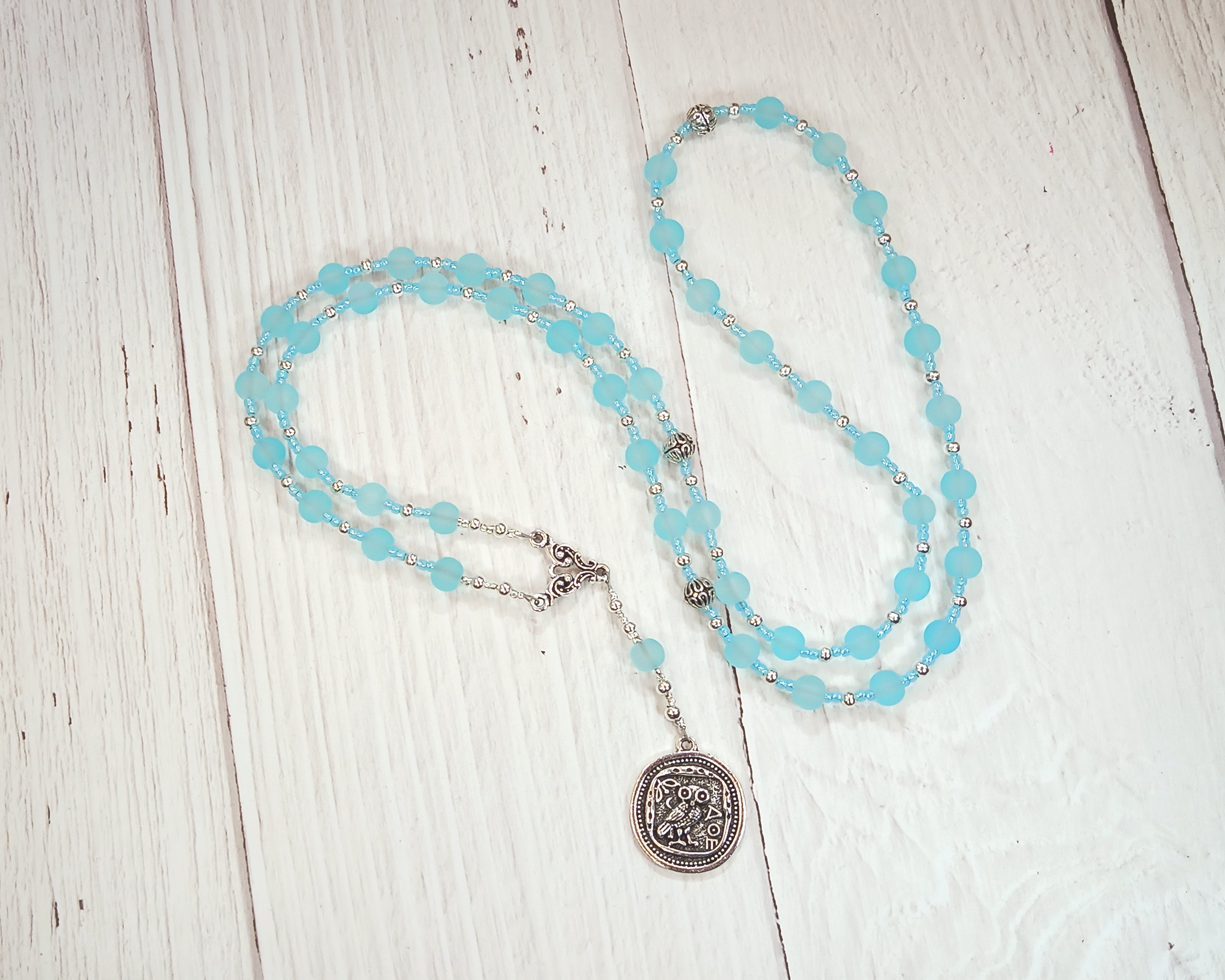 Athena Prayer Bead Necklace in Frosted Glass: Greek Goddess of Wisdom, Weaving and War