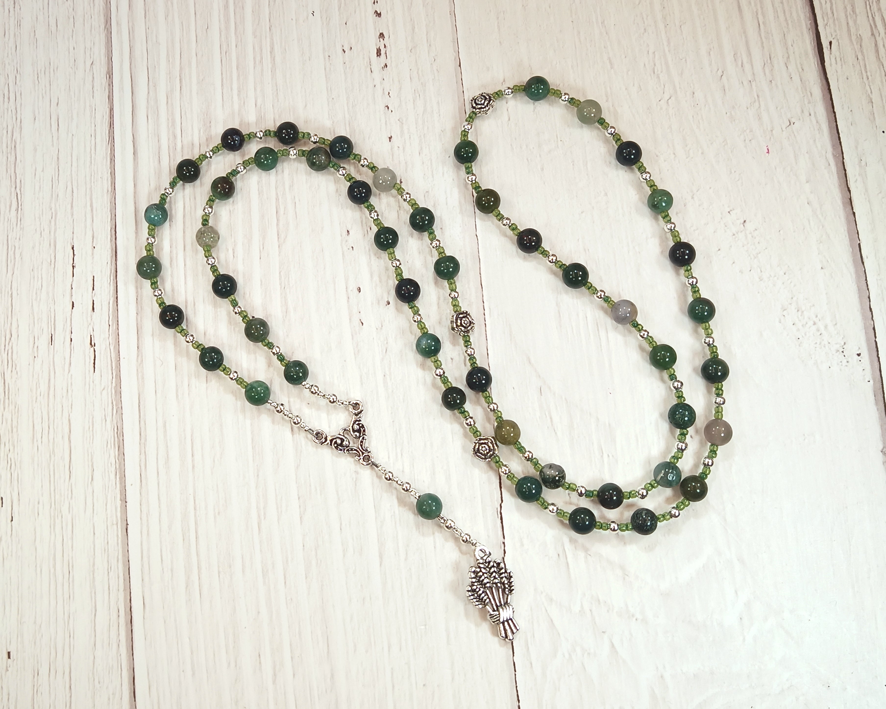 Demeter Prayer Bead Necklace in Moss Agate: Greek Goddess of Grain, the Harvest, the Seasons, and th