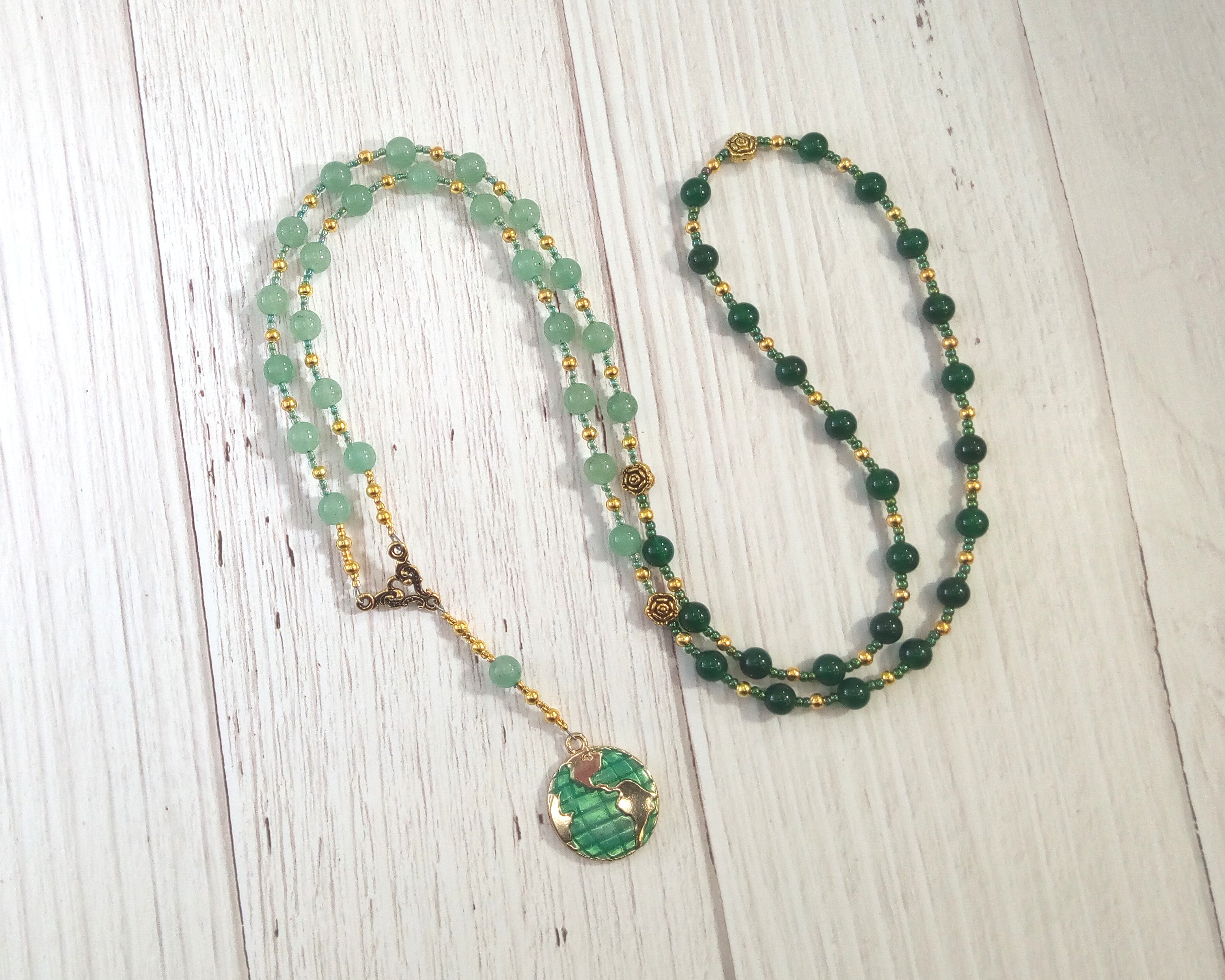 Gaia (Gaea) Prayer Bead Necklace in Aventurine and Green Agate: Mother Earth, Mother of the Greek Go