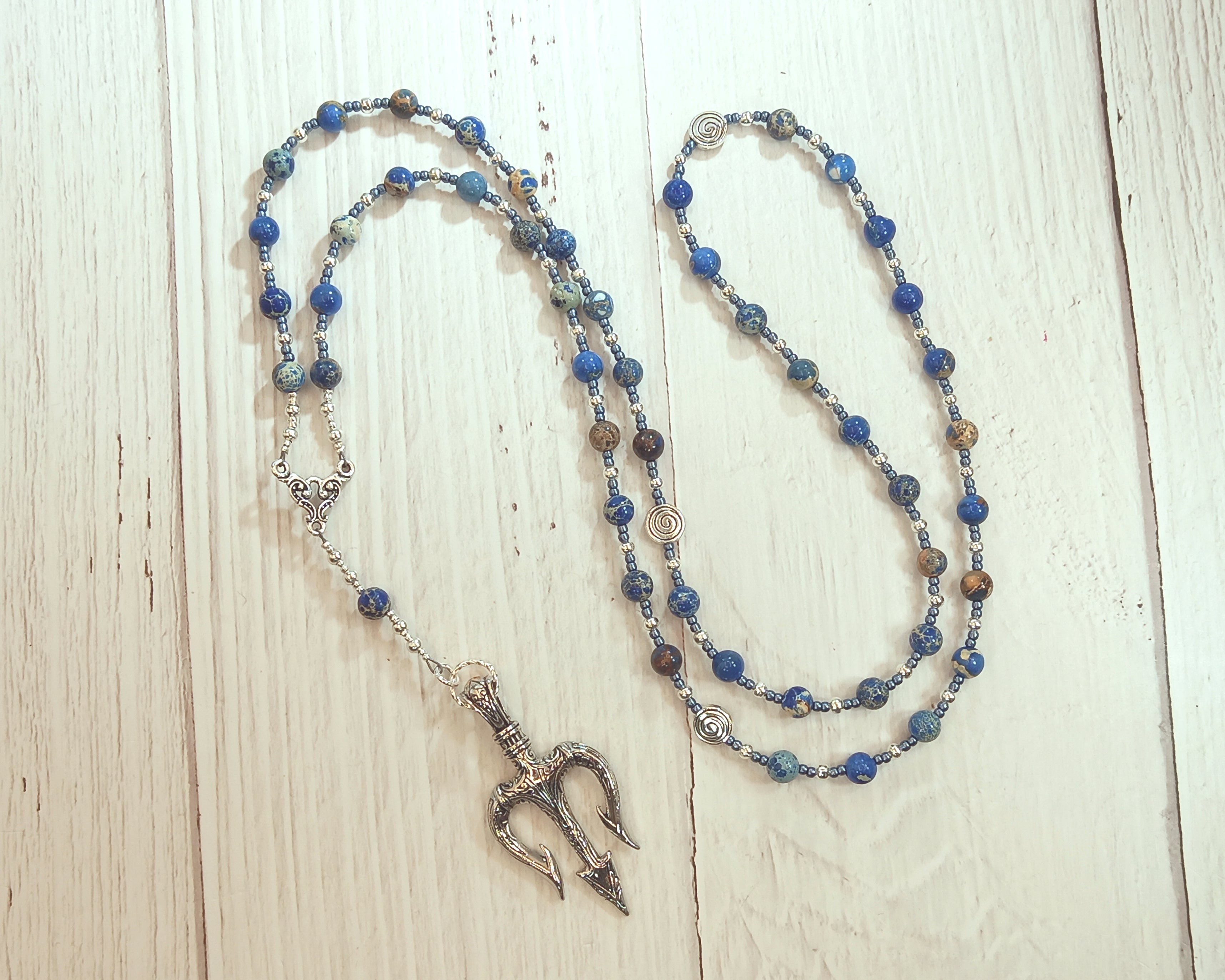 Poseidon Prayer Bead Necklace in Dark Blue Sea Sediment Jasper: Greek God of the Sea