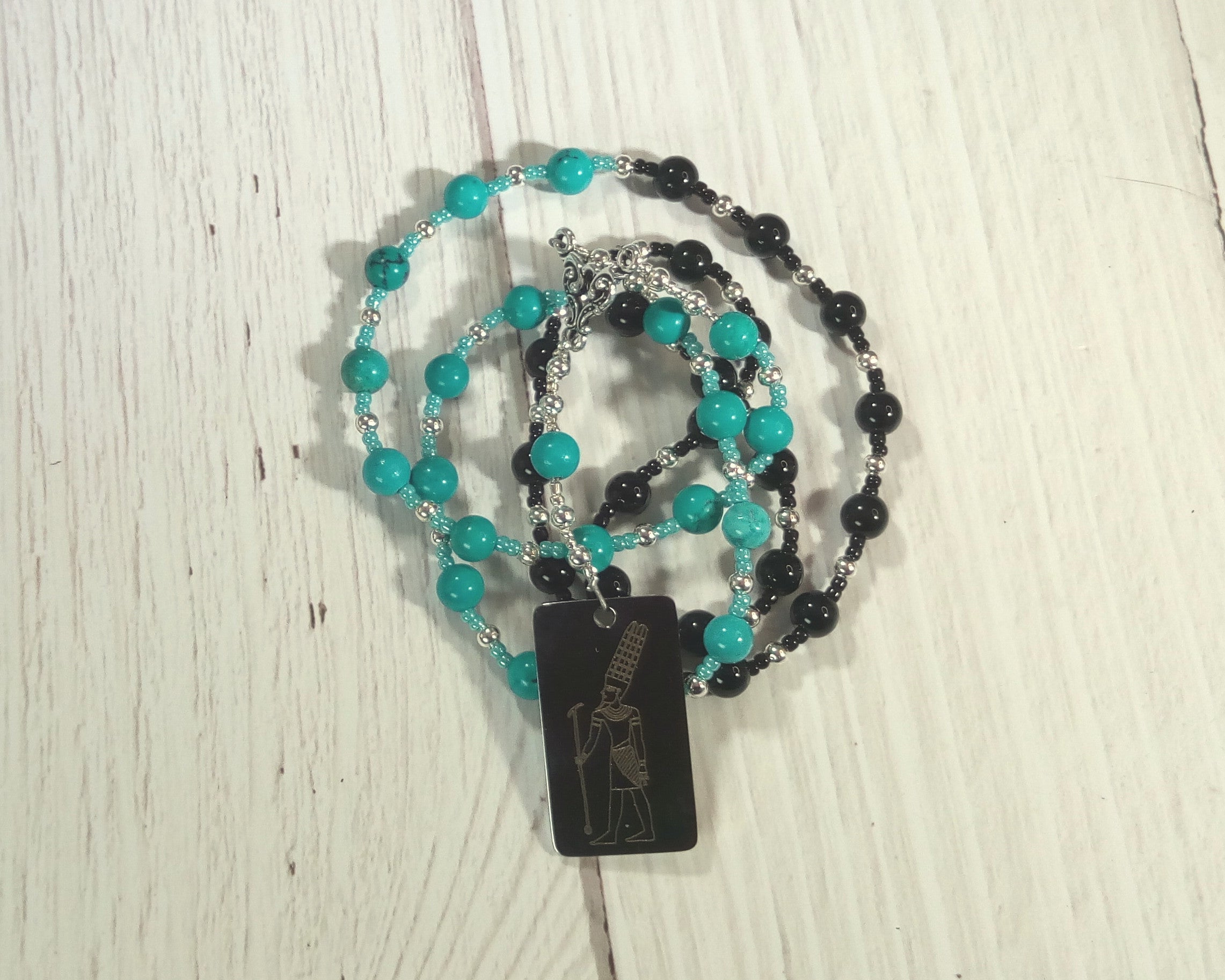 Amun (Amon) Prayer Bead Necklace in Onyx and Stabilized Turquoise: Egyptian Creator God, King of God