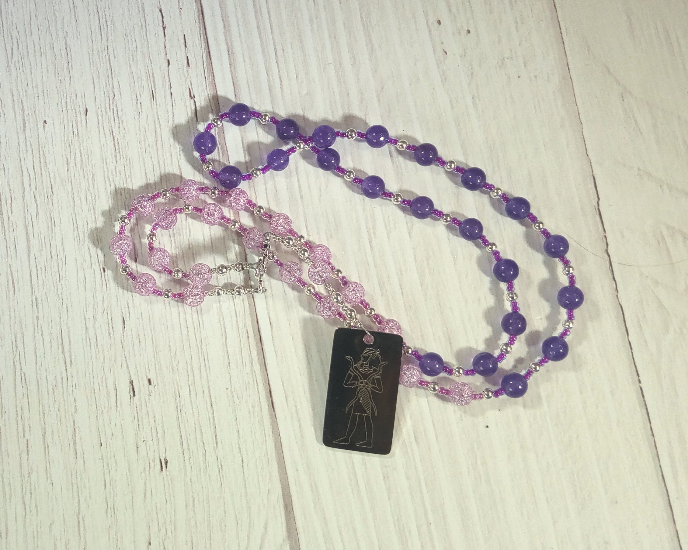 Heka Prayer Bead Necklace in Purple Cracked Quartz and Amethyst: Egyptian God of Magic