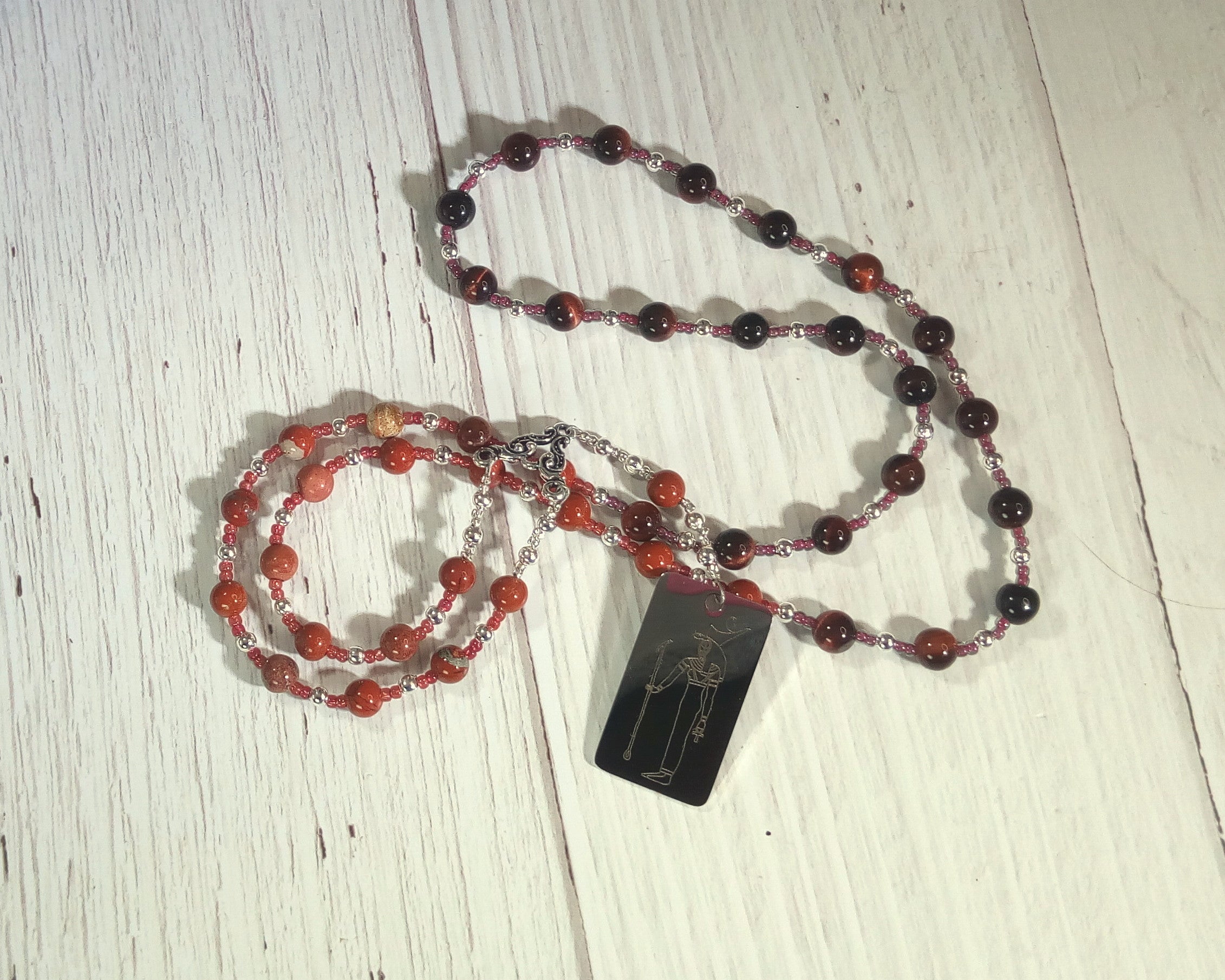 Wadjet Prayer Bead Necklace in Red Jasper and Red Tiger Eye: Egyptian Cobra Goddess, Patron and Prot