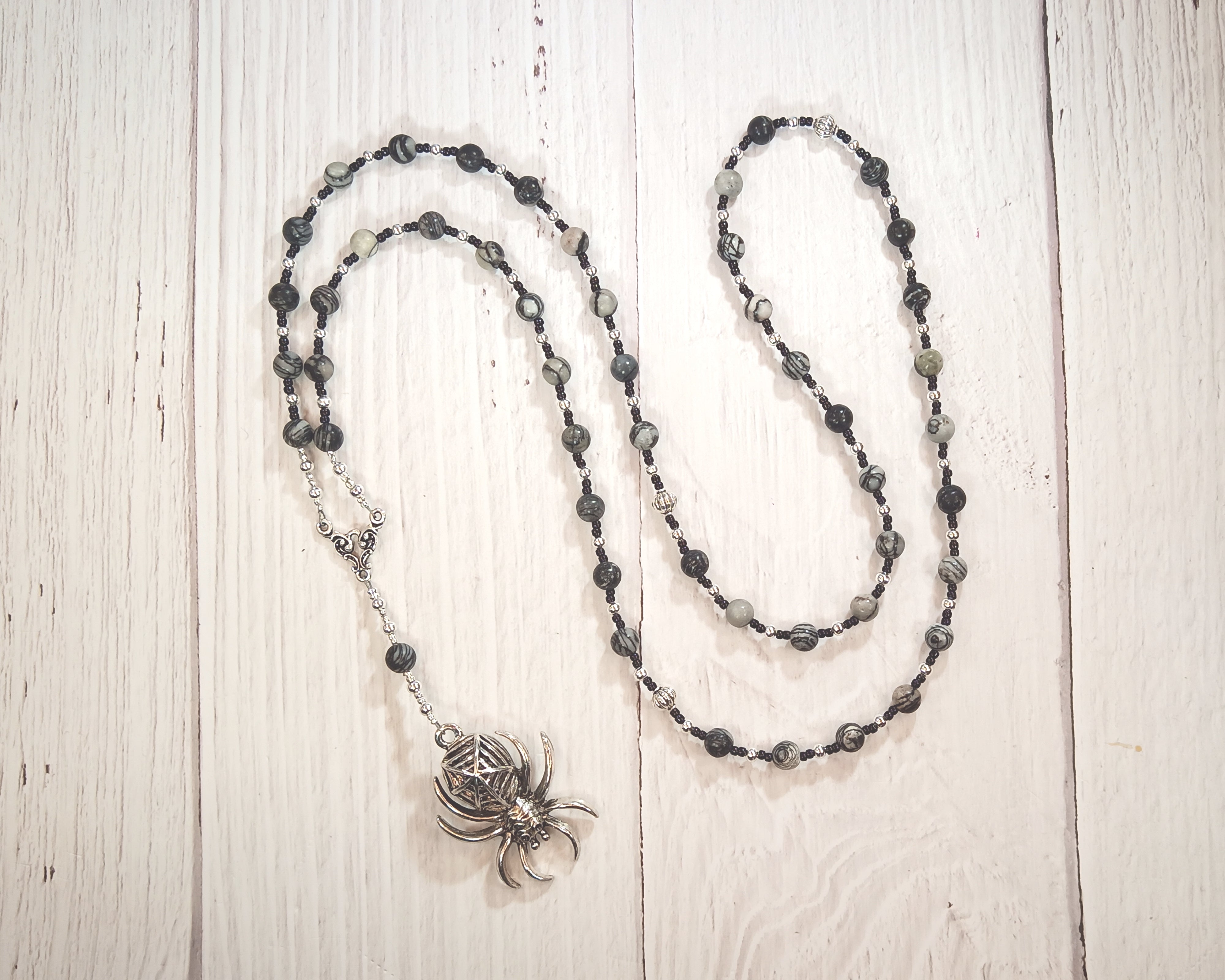 Uttu Prayer Bead Necklace in Spiderweb Jasper: Sumerian Mesopotamian Goddess of Weaving