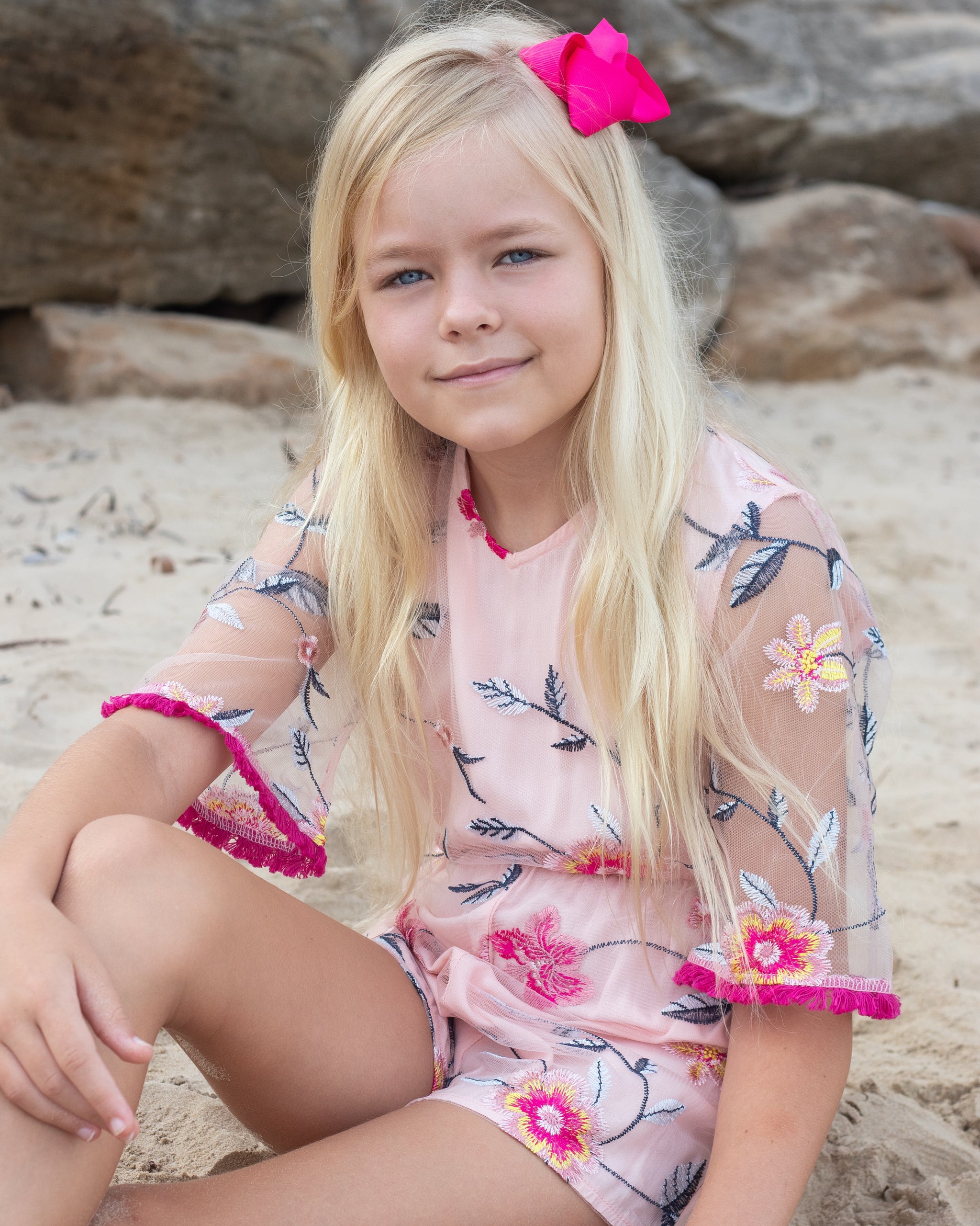 Girls Embroidered Lace Playsuit In Pink - Flaire Kids Clothing