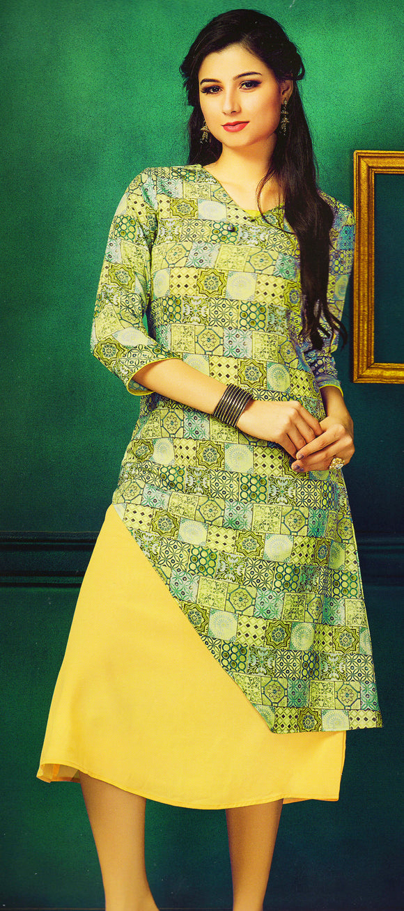 Dhanari Designer Yellow And Green Printed Kurti For Women (KU-89)V10