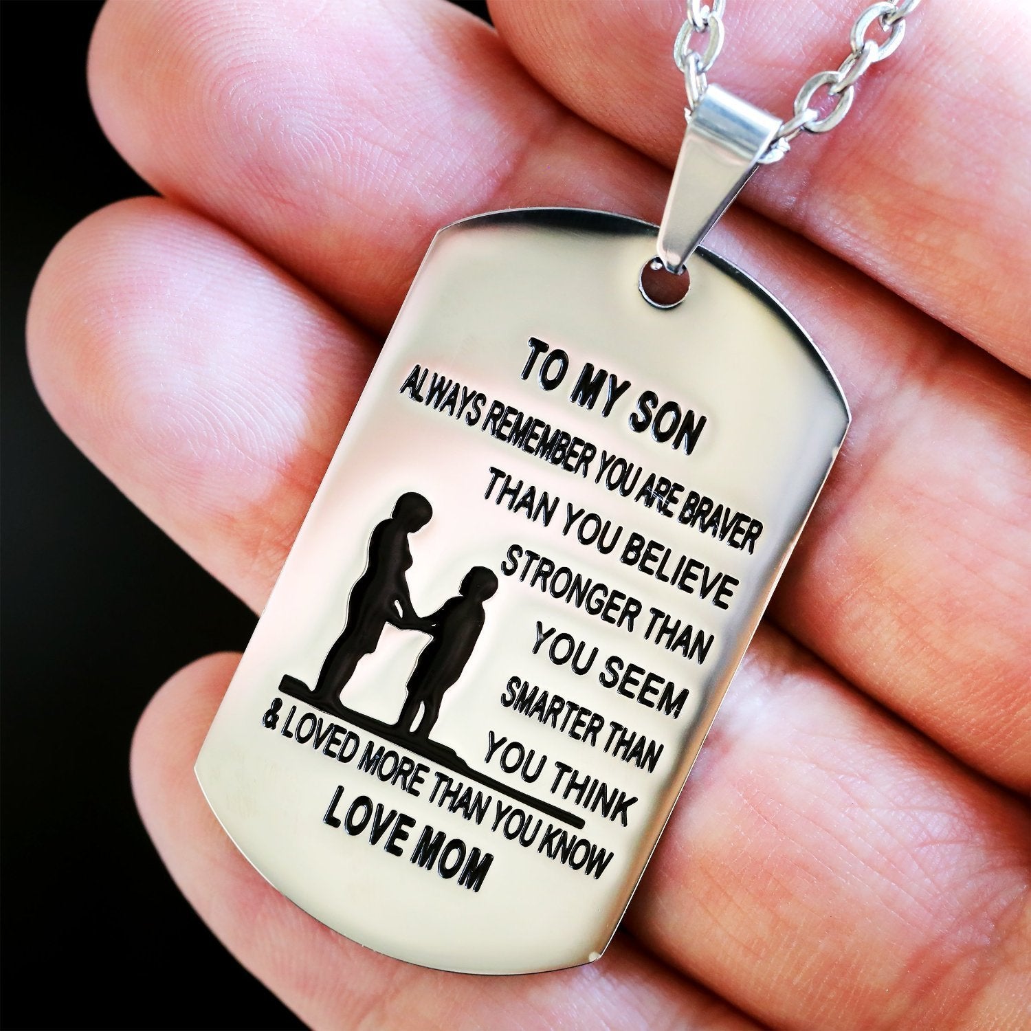 mom to son stainless steel dog tag