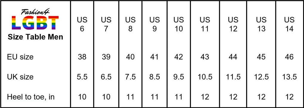 Size Table Pride Shoes