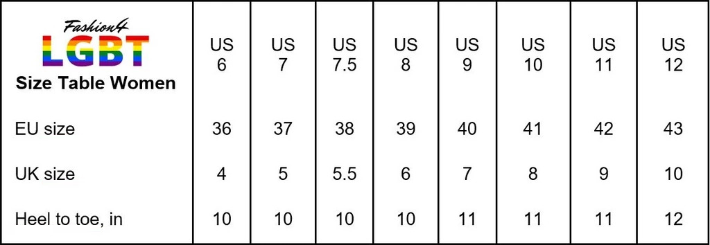 Size Table Pride Shoes