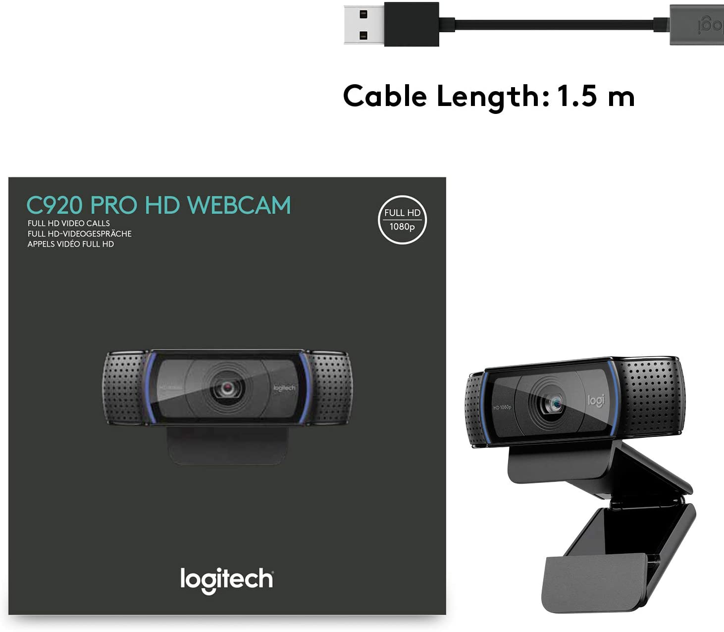 Logitech HD Pro Webcam C920, Widescreen Video Calling and 1