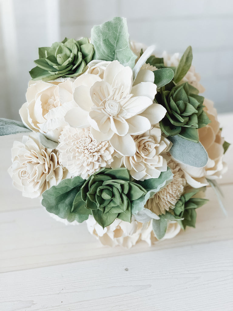 White And Green Succulent Sola Flower Bouquet Pineandpetalweddings