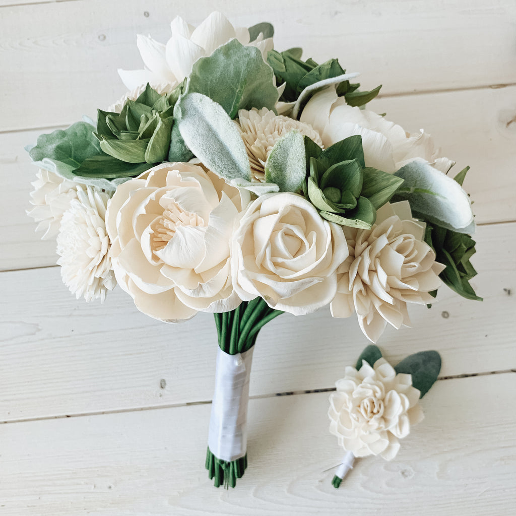 White And Green Succulent Sola Flower Bouquet Pineandpetalweddings