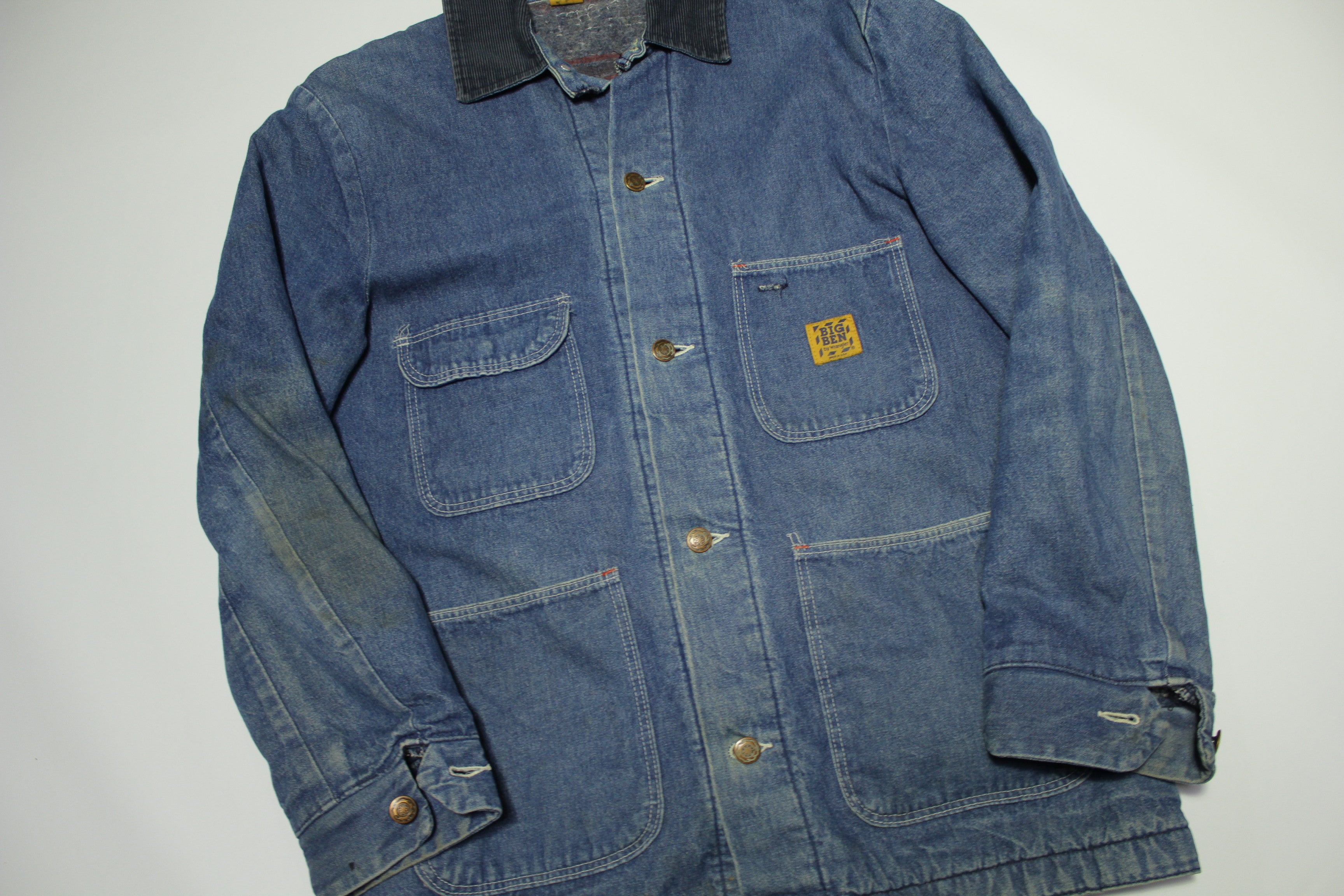 Big Ben Wrangler Vintage 80's Prison Chore Denim Work Coat Jean Jacket 4  Pocket USA