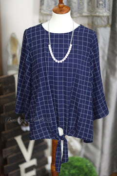 Navy Blouse With Wide 3/4 Sleeves + Front Tie