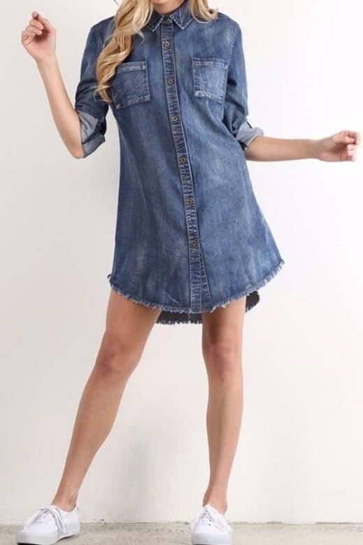 Chambray Frayed Hem Button Down Tunic/Dress