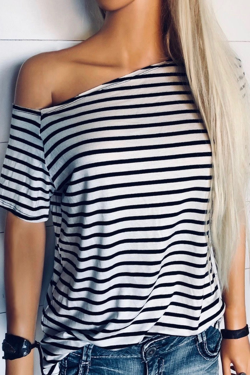 One Shoulder Black and White Striped Shirt