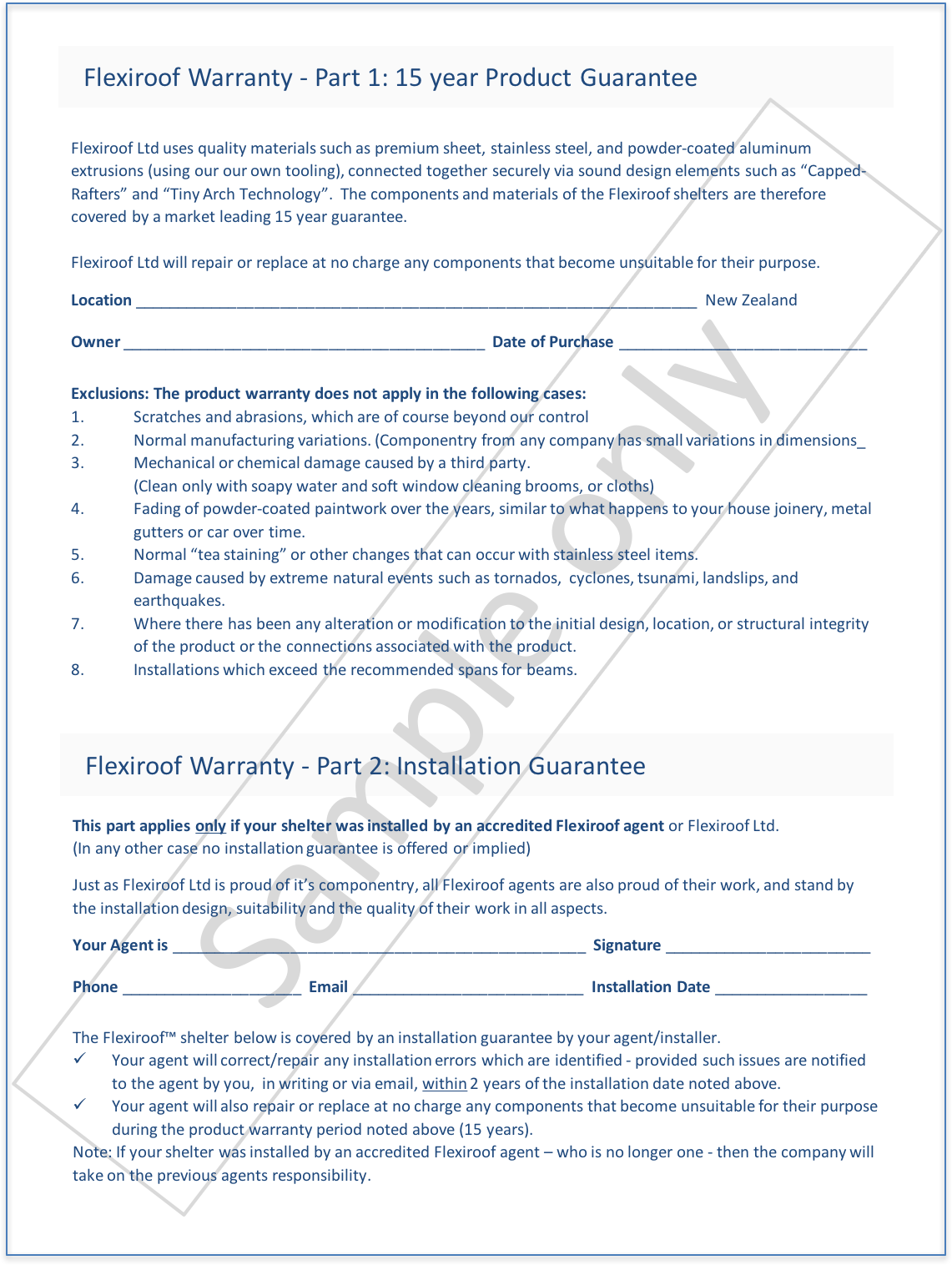 Flexiroof Shelter _ Sample Warranty