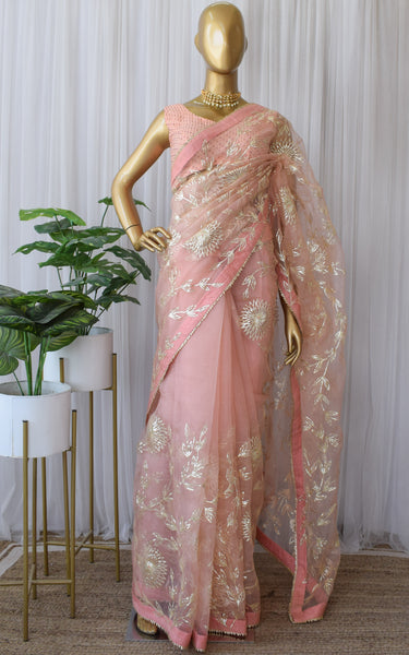 Peach Gota Jaal Organza Saree – LabelKanupriya