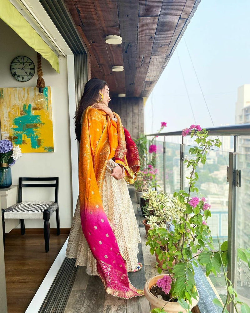 off white anarkali with banarasi dupatta