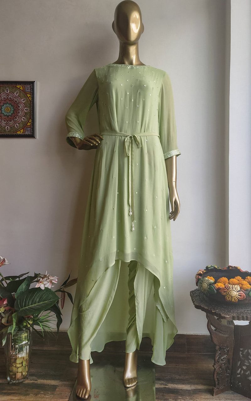 Pastel Green Mirrorwork Long Kurti with Dhoti Pants – LabelKanupriya