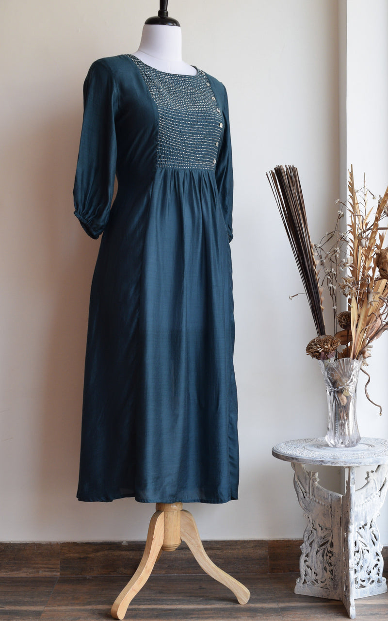 Teal Blue Cotton Silk Kantha-work Tunic – LabelKanupriya