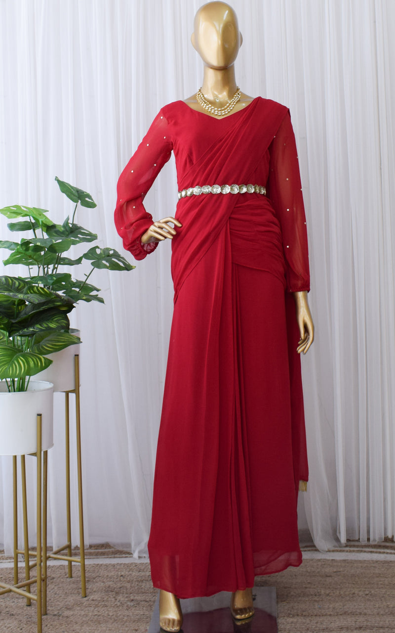 Ruby Red Pre-draped Saree Dress – LabelKanupriya