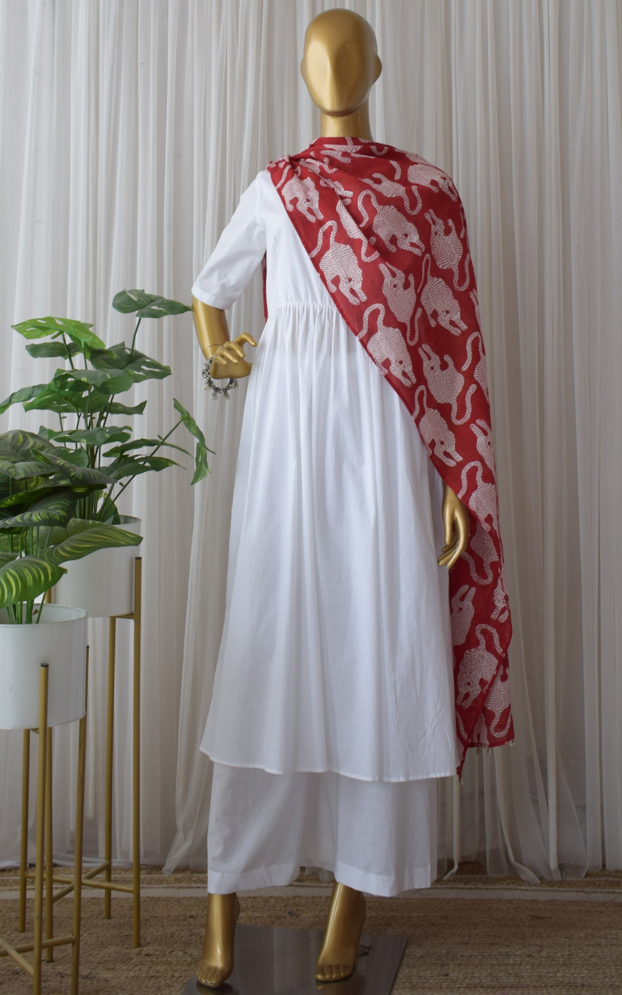 White Cotton Anarkali Kurta Set with Red Block Print Dupatta