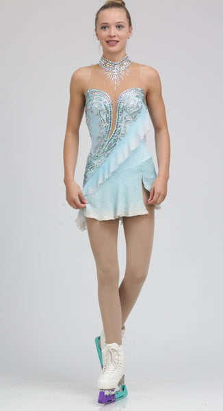 Ombre white and Ice blue figure skating dress by Tania Bass #1870