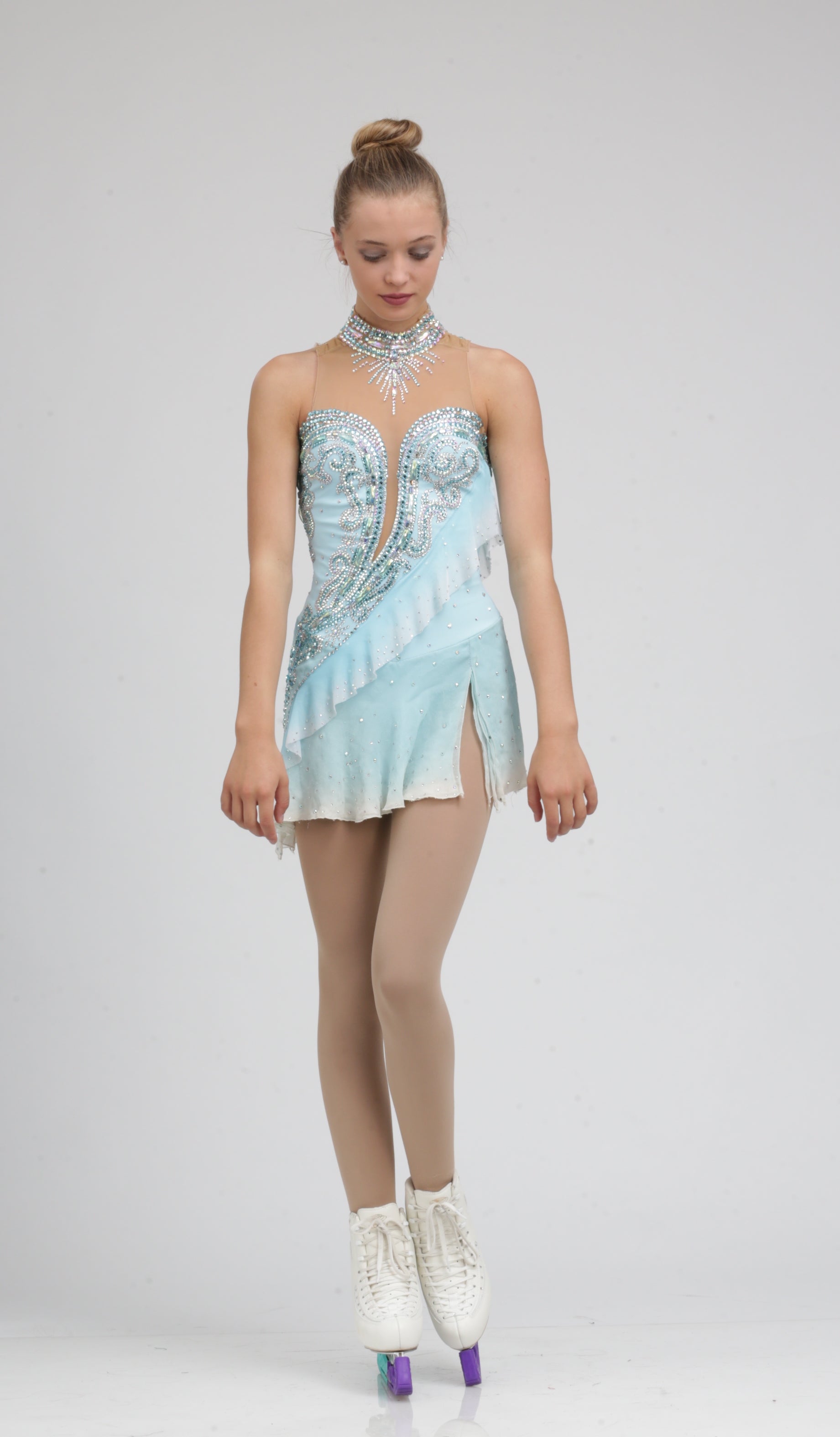 Ombre white and Ice blue figure skating dress by Tania Bass #1870