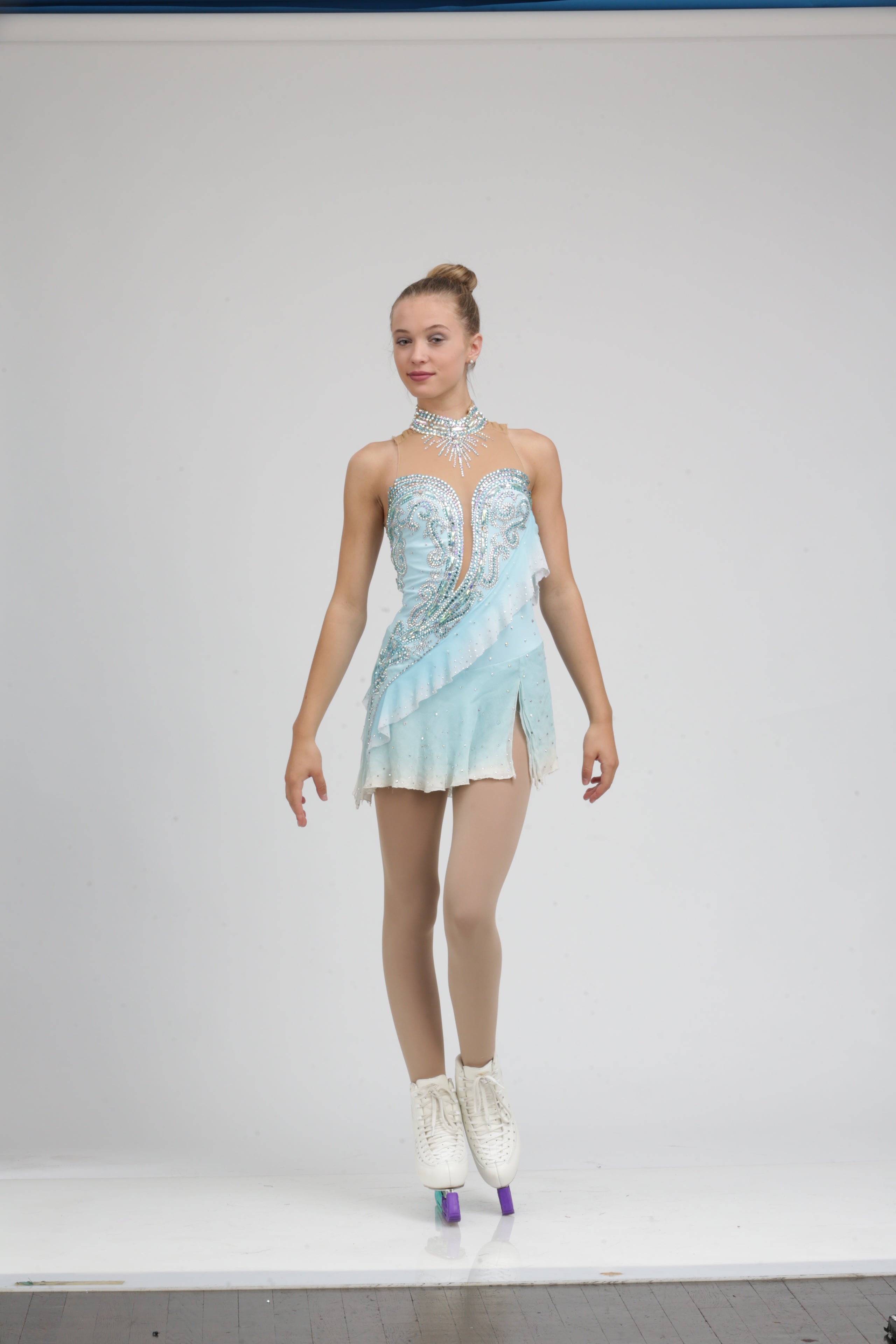 Ombre white and Ice blue figure skating dress by Tania Bass #1870