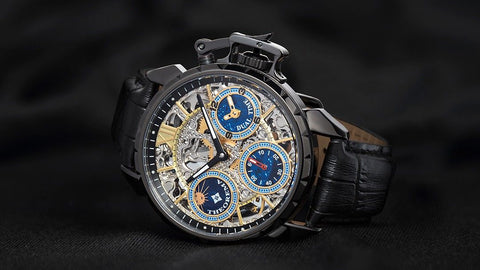 Tufina Theorema Oman Mechanical Dual-Time Watch for men with a black case and leather band, skeleton dial and blue sub-dials